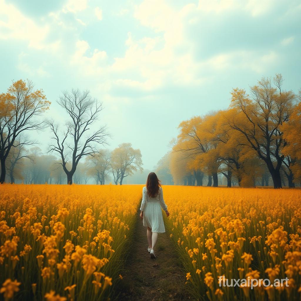 stunning shot of a girl walking through a field, in the style of ethereal trees, dark yellow and azure, majestic, sweeping seascapes, photorealistic representation, graceful balance, wimmelbilder, orange