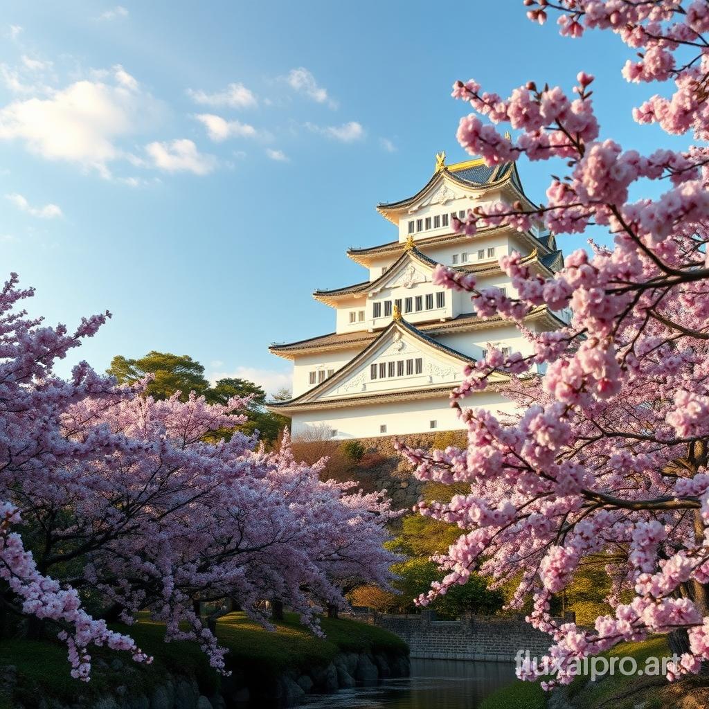 Create a stunning, detailed image of Wallpaper featuring Himeji Castle.

- Style: Traditional Japanese ink painting, photorealistic 
- Setting: Nestled amidst serene cherry blossoms and lush greenery, with the castle towering majestically against the sky
- Lighting: Soft, natural daylight that accentuates the intricate details of the architecture
- Mood: Tranquil and regal, evoking a sense of timeless elegance and historical grandeur
- Color scheme: Harmonious tones of white and pink with accents of green, with hints of gold reflecting light off the castle walls
- Composition: The castle prominently centered with the foreground showcasing blooming sakura trees and a gently flowing stream

High-quality 8K render, ultra-sharp focus, rich textures. No text or watermarks.