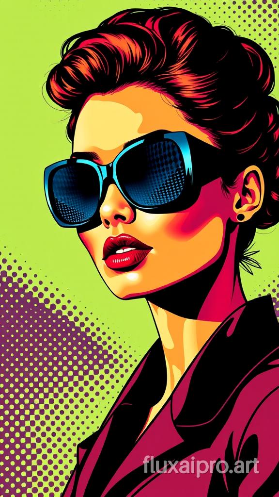 A stunning pop art portrait of a fashionable woman. Her oversized sunglasses with a mesh-like pattern contrast with her deep red lips, drawing attention to her bold and confident expression. Her updo and elegant outfit are accentuated by the halftone background, with its blend of bright and dark colors, creating a vibrant and dynamic atmosphere. The overall composition is reminiscent of iconic pop art styles, capturing the essence of fashion and modernity.ᎩᗩᏆᔑ(◠‿◠), painting, photo, vibrant, fashion