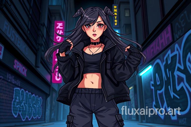 Create an image of a stylized female character with an urban and dark aesthetic, inspired by phonk culture. She should have long, flowing hair and wear modern streetwear, such as an oversized jacket and baggy pants. The background should depict a nighttime cityscape with neon lights and graffiti on the walls. Her expression should be confident and enigmatic, capturing the essence of the phonk style.