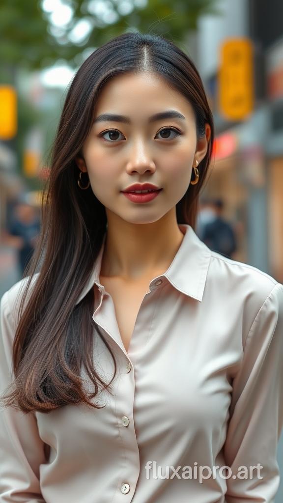 Japanese woman in her 30s, slim, beautiful, neat, clean, blouse, Upper Body,street