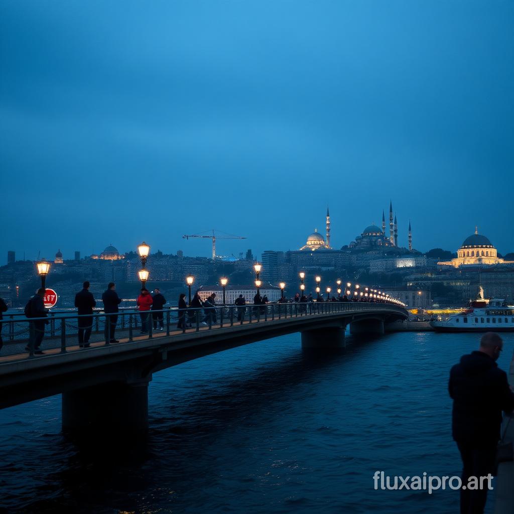 in the style of CNSTLL , urban landscape, people fishing on Galata bridge in Istanbul at night