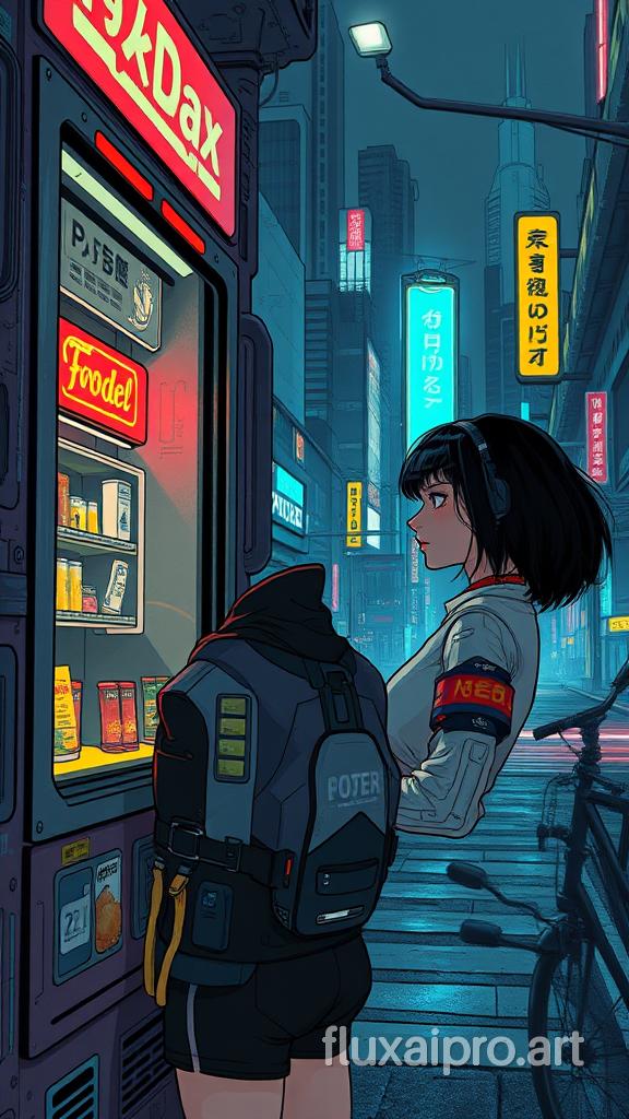 girl of the future using a food vendor machine, futuristic design, electronic artwork, manga character, techno-noir, animated drawing, vintage futurism, pan futurism, dystopian cyberpunk, neon-lit urban landscape, dark and gritty, high-tech, graffiti, futuristic gadgets, cinematic, detailed cityscape, moody lighting, ultra-detailed, urban landscape, high-tech implants, augmented reality