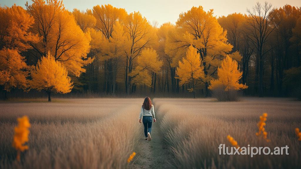 stunning shot of a girl walking through a field, in the style of ethereal trees, dark yellow and azure, majestic, sweeping seascapes, photorealistic representation, graceful balance, wimmelbilder, orange