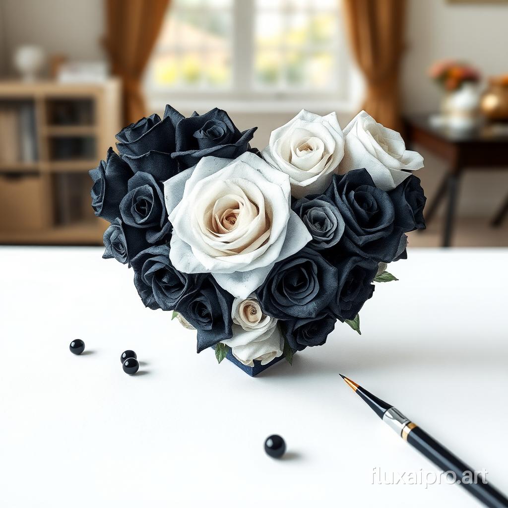 A watercolor painting of a heart made of black and white roses. The heart is placed on a table. There are also beads scattered around the heart. The background is a blurred view of a room with a window.