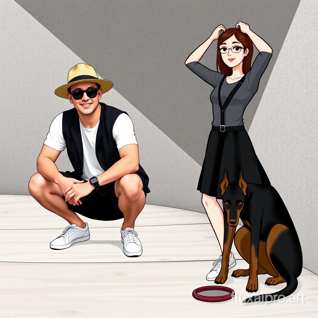 A man wearing a hat, sunglasses, white t-shirt, black vest, black shorts, and white sneakers squatted on a wooden path. Next to him was a cartoon style woman wearing a gray top, black skirt, and white shoes. She raised her hands above her head and leaned against a textured geometric background wall. A cartoon Doberman Inu sat next to the cartoon woman, wearing a black harness and a frisbee at her feet. The artistic style blends elements of reality and illustration.