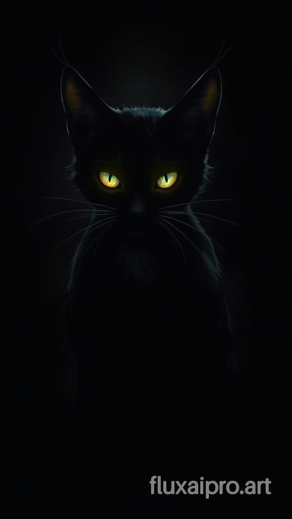 A mesmerizing dark fantasy illustration of a sinister feline creature in silhouette, standing out against a pitch-black background. The cat's fur is illuminated by an eerie, supernatural light, emphasizing its whiskers, ears, and facial contours. The light source casts a haunting glow on the cat's fur, creating a striking contrast between the light and dark areas. The overall atmosphere is dark and mysterious, with a touch of enchantment, drawing the viewer into a world of fantasy and wonder.ᎩᗩᏆᔑ(◠‿◠), dark fantasy