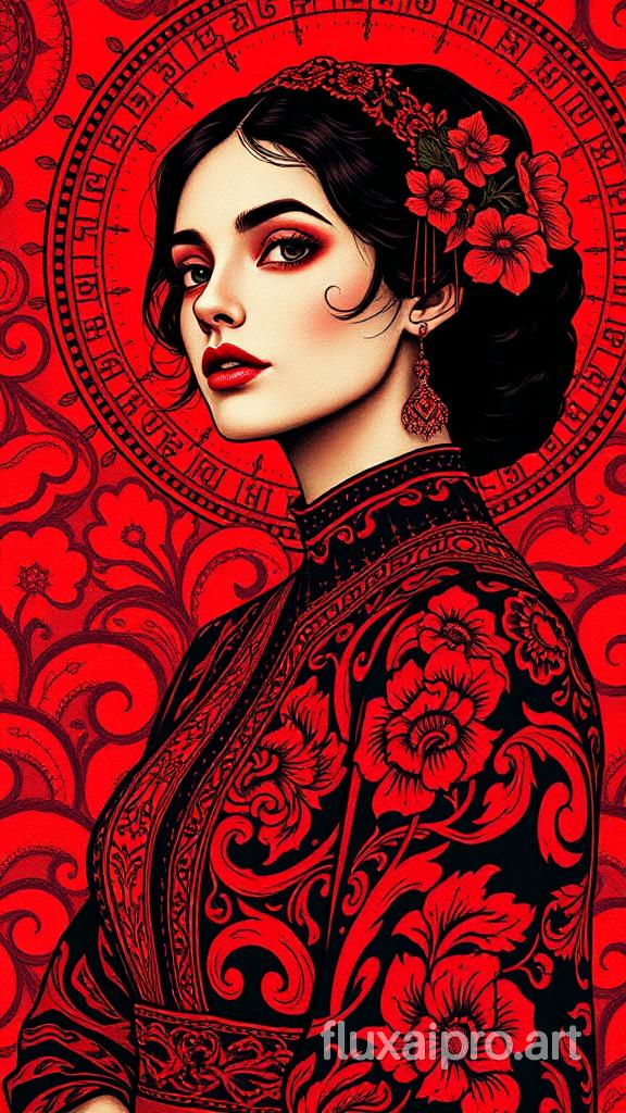 red chalk illustration of a young woman, reminiscent of the styles of Eugene Delacroix, and Gustav Klimt. The woman's outfit is adorned with luxurious intricate patterns. The overall atmosphere of the image is dark and mysterious, showcasing a bold halftone dot artistic style in a contrasting duotone color scheme, adorned with intricate patterns that seamlessly blend organic designs., illustration