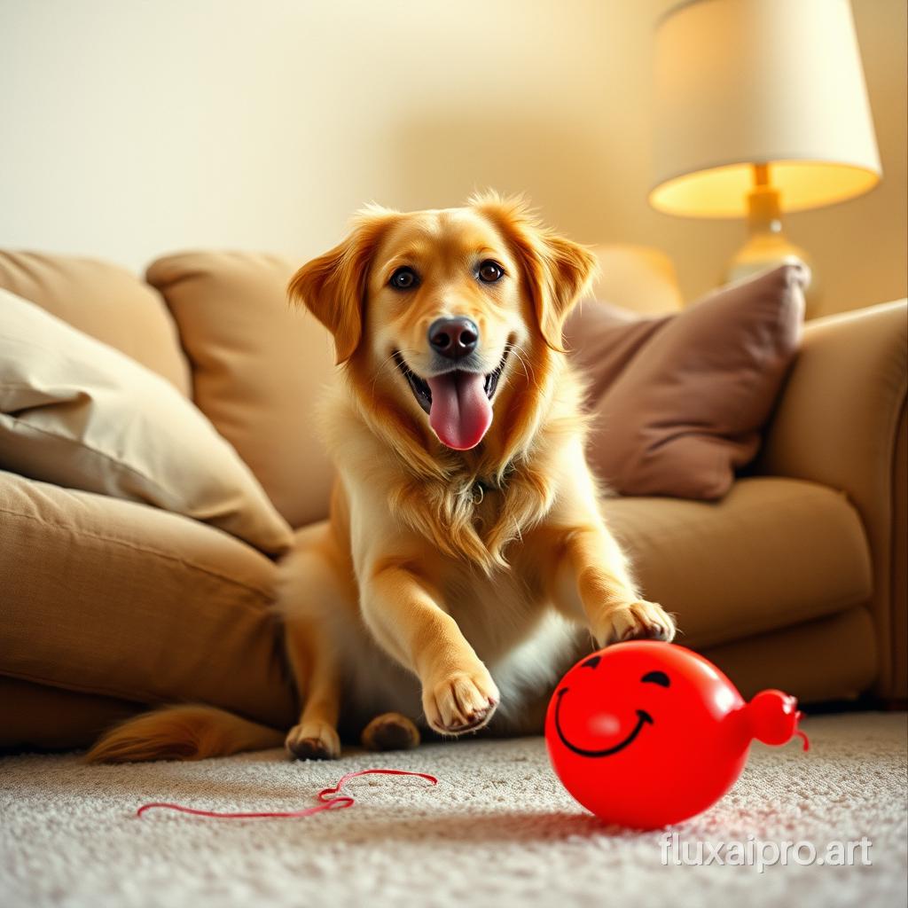 A playful golden retriever, Lina, sits on a worn, beige-colored couch, surrounded by plush pillows and a faded throw blanket, enthusiastically chasing after a bright red rubber balloon shaped like a smiling cartoon character, its wispy tendrils deflated and limp on the floor. Lina's soft, fluffy fur is ruffled in excitement, her ears perked up and her tail wagging fervently as she paws at the balloon with her paws. Her big brown eyes shine with pure joy, her tongue lolling out of her mouth. The room is lightly lit by a warm, diffused glow emanating from a table lamp in the corner, its creamy-colored shade casting a gentle, soft focus around the scene. The camera is positioned slightly above and to the right of Lina, allowing the viewer to capture the entire scene in a single, naturalistic composition. Alex Lieberman's cinematic style, reminiscent of his work on 'The Big Sick', infuses the scene with a sense of warmth, intimacy, and vulnerability. The 35mm film grain adds subtle texture and depth to the image, while a gentle color grading adjusts the overall tone to evoke a comforting, nostalgic feel. The scene is framed to emphasize the playful interaction between Lina and the balloon, with a shallow depth of field blurring the background and drawing the viewer's attention to the subject. The resulting image is a tender, heartwarming portrayal of childhood innocence and the joy of simple pleasures.