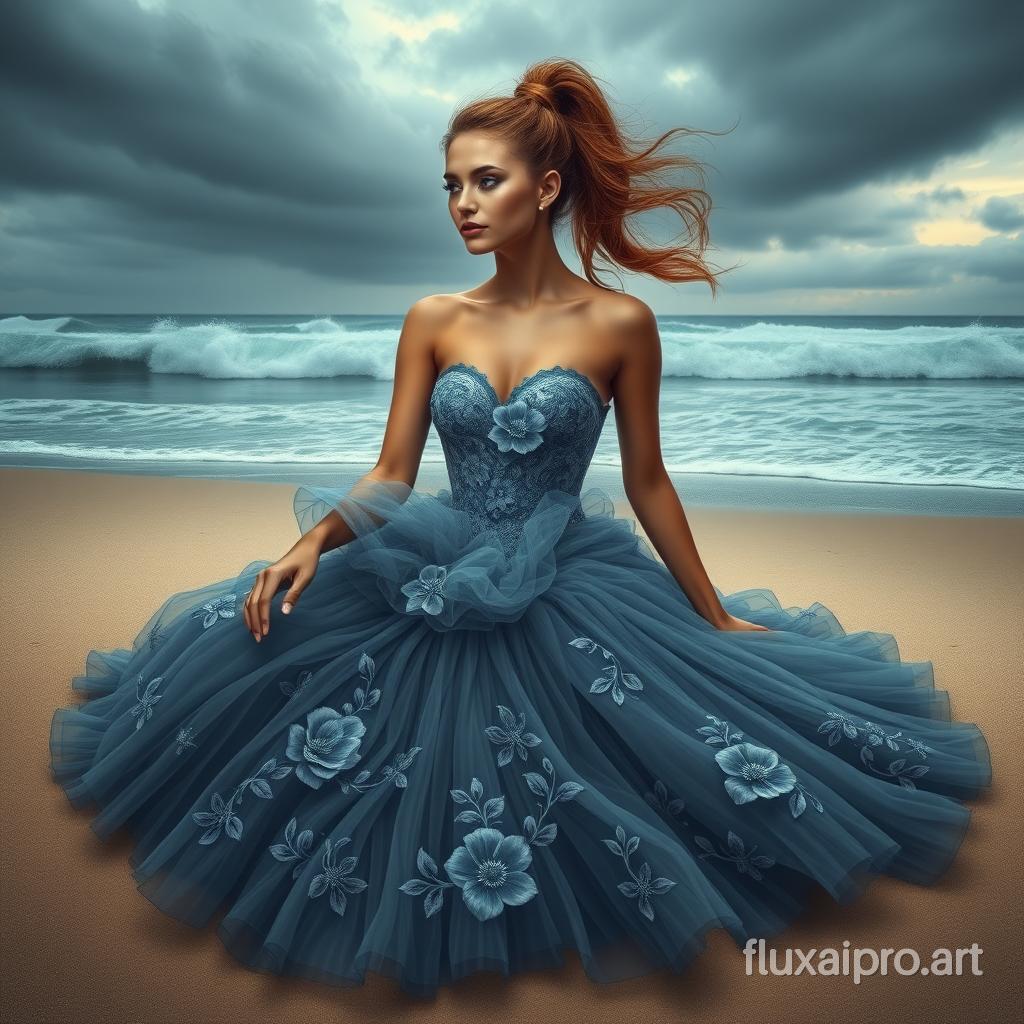 A stunning, digitally illustrated image showcasing a high-fashion editorial photograph. A woman with long, flowing hair in a high ponytail sits on a sandy beach, surrounded by crashing waves and a moody sky. She is adorned in a breathtaking strapless gown featuring intricate floral embroidery in shades of blue and grey, with layers of tulle cascading around her. The overall atmosphere is dramatic and ethereal, evoking the essence of conceptual art and 3D renderings., poster, illustration, 3d render, painting, conceptual art, vibrant, photo