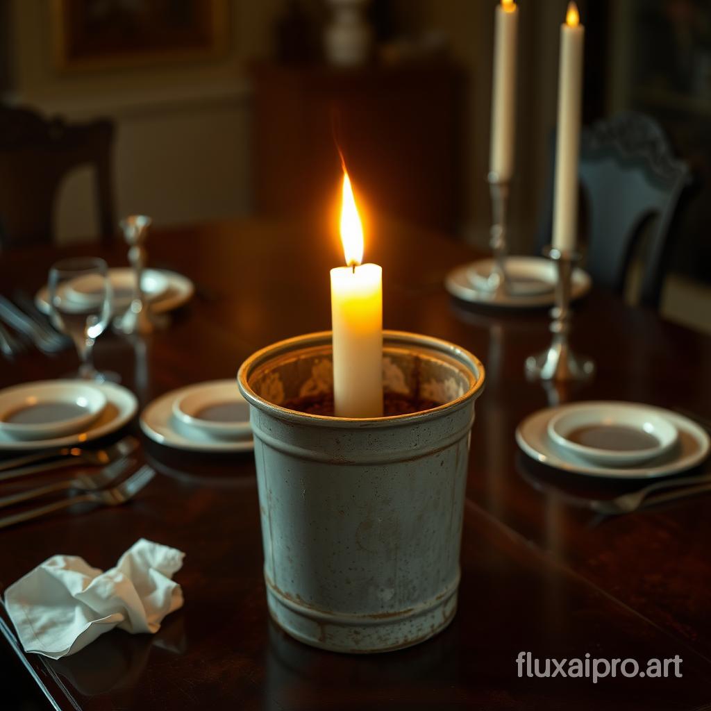 A solitary, flickering candle burns brightly atop a weathered garbage bin, its warm amber light illuminating the surrounding space with a soft, inviting glow. The bin, slightly dented and covered in faint stains, stands in stark contrast to the elegant dining table it occupies. Set against a backdrop of fine china and polished silverware, the candle casts long, dancing shadows that play across the rich, dark wood of the table. The air is subtly infused with the sweet aroma of melting wax, creating an atmosphere of both warmth and slight unease. Nearby, a crumpled napkin and an abandoned fork lie forgotten, hinting at a moment interrupted, as the candlelight flickers with a gentle breeze that whispers through the room, creating a sense of intrigue and curiosity.