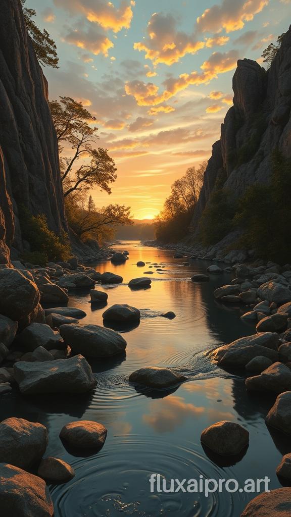 An incredibly detailed, hyper-realistic oil painting that masterfully blends the artistic styles of Norman Rockwell, Steve Hanks, Moebius, and Jen Christiansen. The scene captures a serene natural landscape during the magic hour of dawn or dusk, with a calm river flowing through the composition, bordered by rounded rocks and boulders. The water mirrors the golden hues of the sky, with its surface reflecting the soft orange and yellow tones that hint at the sun just below the horizon. Silhouettes of surrounding trees are subtly etched into the water's surface, creating a tranquil and immersive effect.

On the left side of the painting, a steep cliff rises, adorned with trees that cling to its rugged surface. On the right, a rocky formation ascends, adding texture and depth to the scene. The sky above is, painting, illustration, dark fantasy, cinematic, poster, vibrant, 3d render, photo, fashion