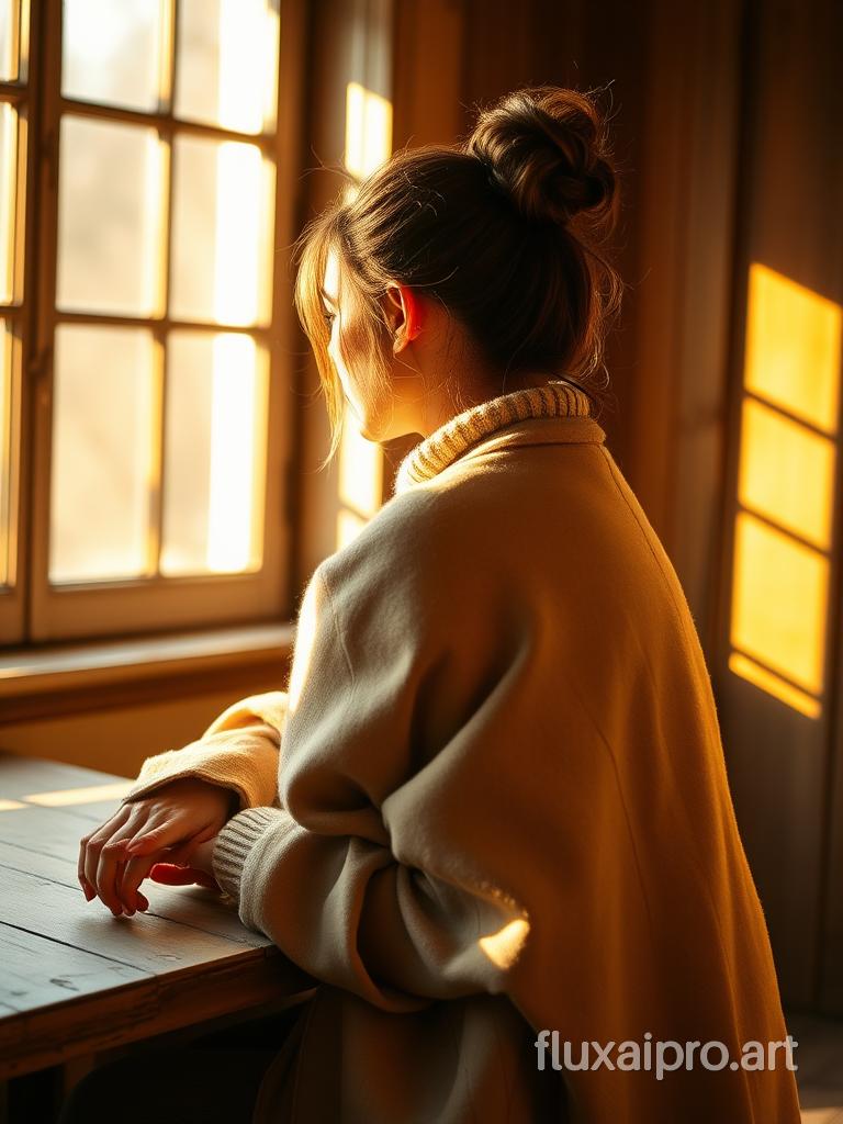 A cozy, softly lit indoor scene featuring a woman sitting at a rustic wooden table. She is wearing a warm, beige wool coat with rolled-up sleeves over a soft, knit sweater. Her head is slightly turned away from the camera, and her hair is tied up in a casual bun, catching the warm sunlight filtering through a nearby window. The light casts soft, golden tones across the scene, creating a calm and peaceful atmosphere, and is reflecting, casting shimmering and vibrant glimmers on everything. The overall color palette is muted, with warm earth tones like beige and light brown, and the setting evokes a sense of tranquility and comfort.