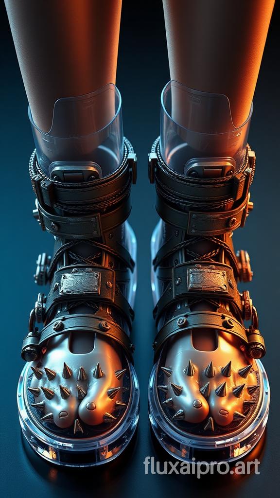 Create an image of an advanced pair of confinement shoes designed for a Scandinavian girl. The shoes are crafted from a translucent, durable polymer that allows visibility of the interior mechanisms. Inside the shoes, the soles are lined with sharp, adjustable metal spikes that press against the feet, ensuring a secure and uncomfortable fit. The shoes feature heavy, metal ankle cuffs integrated into their design, which are locked with sturdy chains that secure the ankles in place. The ankle cuffs are attached to the shoes with ornate metal clasps and locking mechanisms, preventing any movement. The overall design combines futuristic technology with intricate craftsmanship, highlighting the secure confinement and detailed, restrictive features of the footwear.
