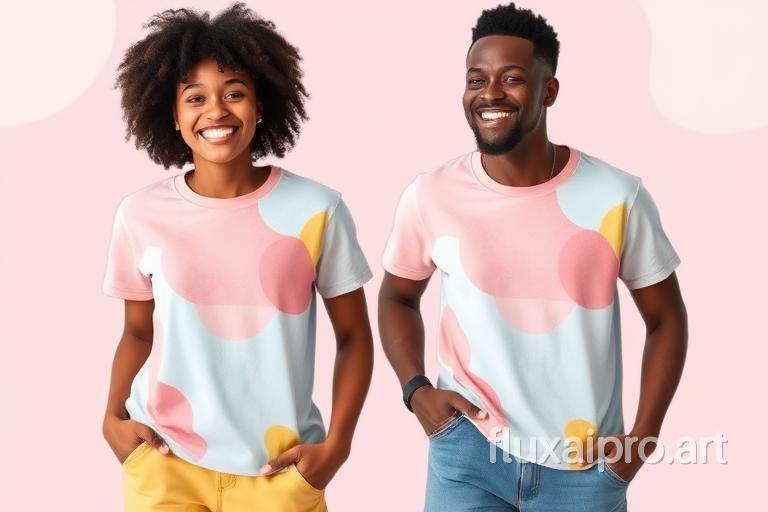 A stylish and modern printed t-shirt design featuring a pastel color palette of soft pinks, blues, and yellows. The design is comprised of abstract shapes and patterns that create a sense of depth and movement. The t-shirt is shown on a diverse, happy model, with a casual, relaxed pose. The overall effect is cozy, chic, and perfect for everyday wear.