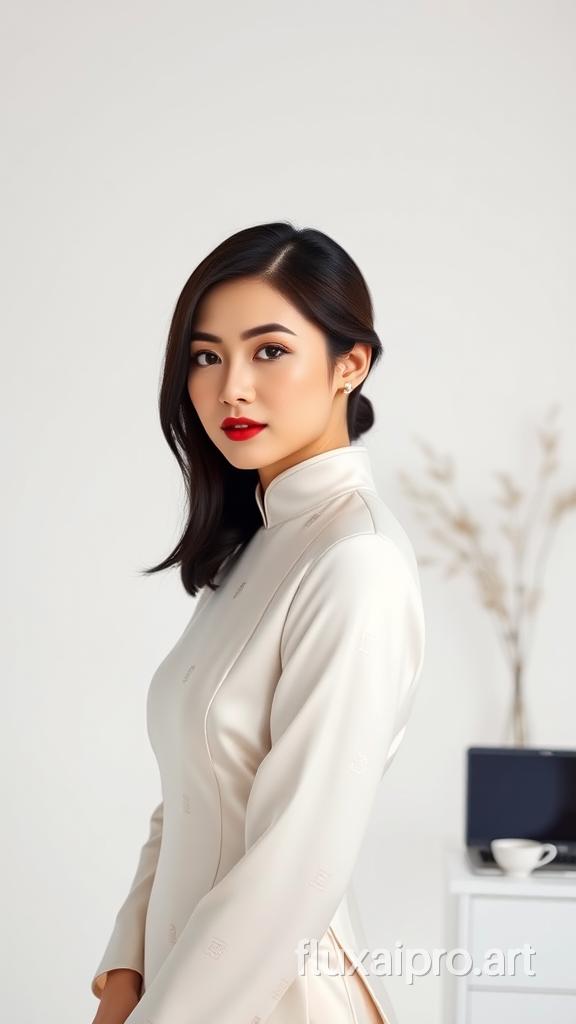 A sleek and minimalist commercial photoshoot featuring a striking portrait of a modern Chinese woman. The subject, in her late 20s, exudes confidence and elegance, her posture poised and graceful. She wears a tailored, ivory silk qipao with subtle, contemporary geometric patterns, blending traditional elements with modern fashion.
The setting is a clean, white studio space with soft, diffused lighting that creates a gentle interplay of light and shadow across her features. Her glossy black hair is styled in a sleek updo, accentuating her high cheekbones and almond-shaped eyes. A hint of red lipstick adds a touch of classic glamour to her look.
In the background, barely visible props suggest an urban lifestyle - perhaps the edge of a stylish laptop or a modern tea set. The composition is deliberately asymmetrical, with the woman positioned slightly off-center, creating a sense of movement and intrigue.
The overall mood is one of quiet sophistication and cultural pride, capturing the essence of contemporary Chinese femininity. The image seamlessly blends elements of tradition with modernity, ideal for a high-end beauty or fashion brand targeting the Chinese market.