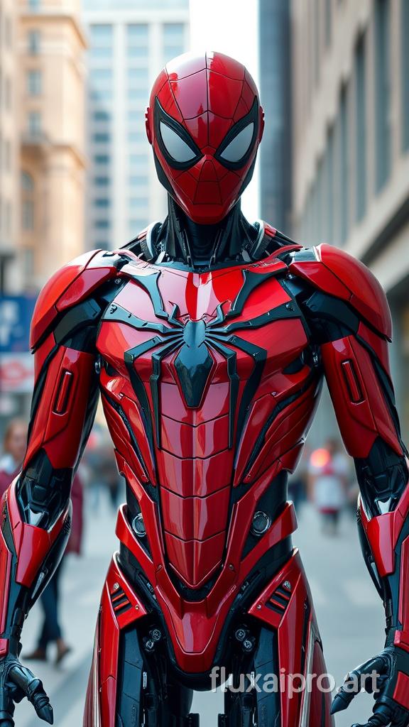 Image features a highly detailed, realistic, futuristic robotic spiderman standing in an urban setting. The robot has a sleek, glossy red and black exterior with intricate mechanical components visible at the joints and torso. The design includes a prominent spider emblem on the chest, reminiscent of a superhero theme. The head is smooth and helmet-like, with a black visor covering the face, giving it a streamlined and advanced appearance. The background shows a blurred city street with buildings and pedestrians, emphasizing the robot as the focal point. The overall aesthetic is modern and high-tech, with a strong emphasis on the robot's sophisticated design and craftsmanship.