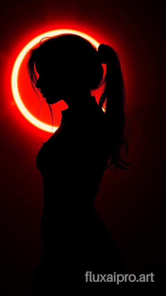 A dark black red silhouette of an female wide range view , eclipse in blckground