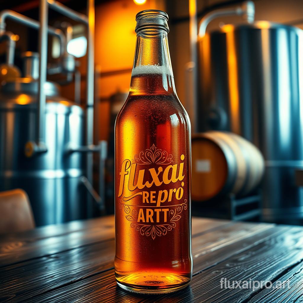 A beautifully crafted beer bottle sits elegantly on a rustic wooden table, its glass surface glinting in the warm, ambient light. The bottle is filled with a golden amber brew, bubbles rising to the top, promising a refreshing taste. Etched prominently on the front is the name "fluxaipro.art" in bold, artistic lettering, showcasing intricate designs that intertwine traditional and modern elements. The logo, also featuring the name "fluxaipro.art," is adorned with vibrant colors that pop against the dark glass, making it a striking focal point. The background suggests a lively brewery setting, with metal brewing equipment and wooden barrels adding to the authenticity of the scene. A light breeze carries the faint, hoppy aroma of freshly brewed beer, enhancing the experience and evoking a sense of celebration and craftsmanship.