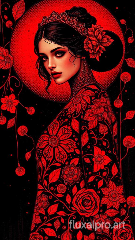 A captivating red chalk illustration of a young woman, evoking the essence of Eugene Delacroix and Gustav Klimt. The woman is elegantly dressed in a luxurious outfit adorned with intricate patterns, reflecting a blend of organic designs. The dark and mysterious atmosphere is accentuated by a bold halftone dot artistic style, creating a striking duotone color scheme. The overall composition is a mesmerizing fusion of artistic influences, highlighting the beauty of intricate patterns and contrasting elements., illustration