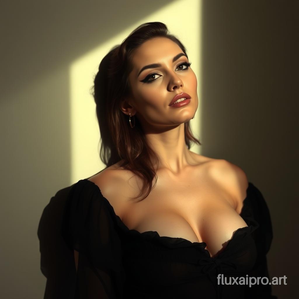 Soft Lighting Photography by Mimoza Veliu and Mario Giacomelli, beautiful, 20 years old, black bold eyeliner, makeup, loose blouse, cleavage, petite body, beautiful legs, realistic soft skin, analog photo, Cinematic,