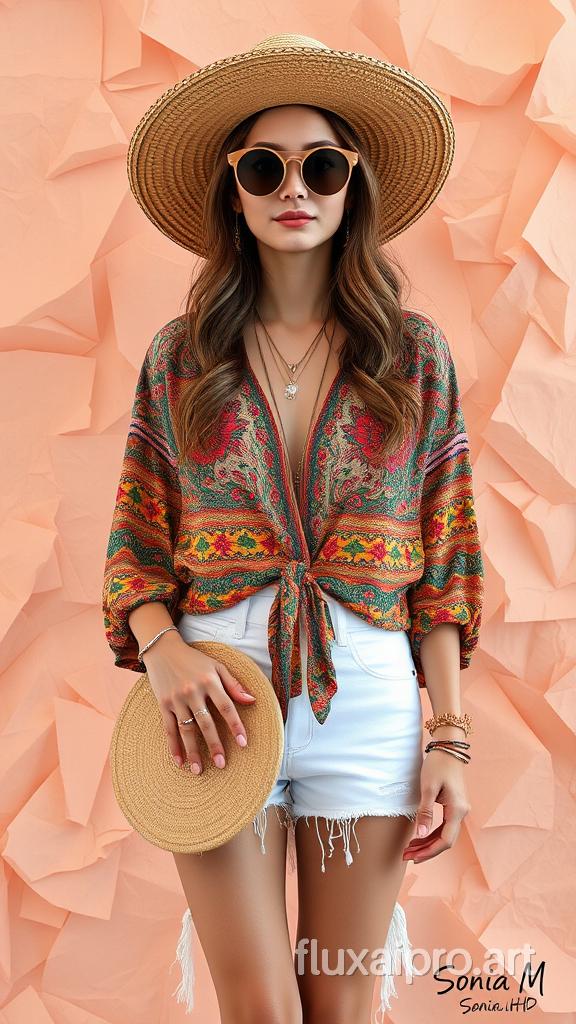 A woman dressed in a bohemian style, standing against a backdrop of crumpled paper in shades of peach. She wears a wide-brimmed straw hat, round sunglasses, and a colorful, patterned blouse. The blouse has a tie-around waist, and she pairs it with white shorts that have frayed edges. She holds a round, beige clutch in her hand. The woman has long, wavy brown hair and is adorned with various jewelry pieces, including a necklace and bracelets.8k.UHD.The creator's signature, 'Sonia M', is placed at the bottom right corner, perfectly readable., painting, architecture, fashion, illustration, 3d render