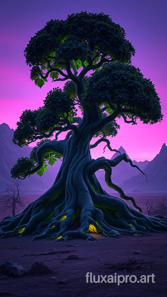 A majestic tree with large, dark green leaves that appear to be glowing from within. The tree's twisted roots sprawl out across a barren landscape, which is illuminated by a soft, purplish hue from the sky. In the background, there are jagged mountain peaks, and the overall atmosphere of the image is mysterious and otherworldly.