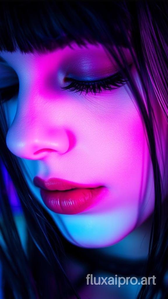 A close-up of a gothic performer, The subject is overlaid with bright lightreflections, giving it an ethereal and dreamy appearance. The colors are a blend of muted purple, pink, teal and blue, creating a sense of depth and mystery. The gothic woman's eye is closed, and the lips are slightly parted,wet dark hair suggesting a state of calm or introspection. soft backlighting, dark atmosphere, poster, graffiti, product, painting, portrait photography, vibrant, fashion, cinematic, photo, conceptual art, 3d render, illustration