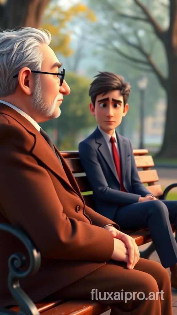 A close-up in 3D cartoon style of an old man with gray hair in a simple brown suit, sitting on a park bench, speaking to a young man in a navy-blue suit and red tie. The young man is looking sadly at the ground. Soft lighting, Pixar style, with vibrant colors. --ar 9:16 --style raw
