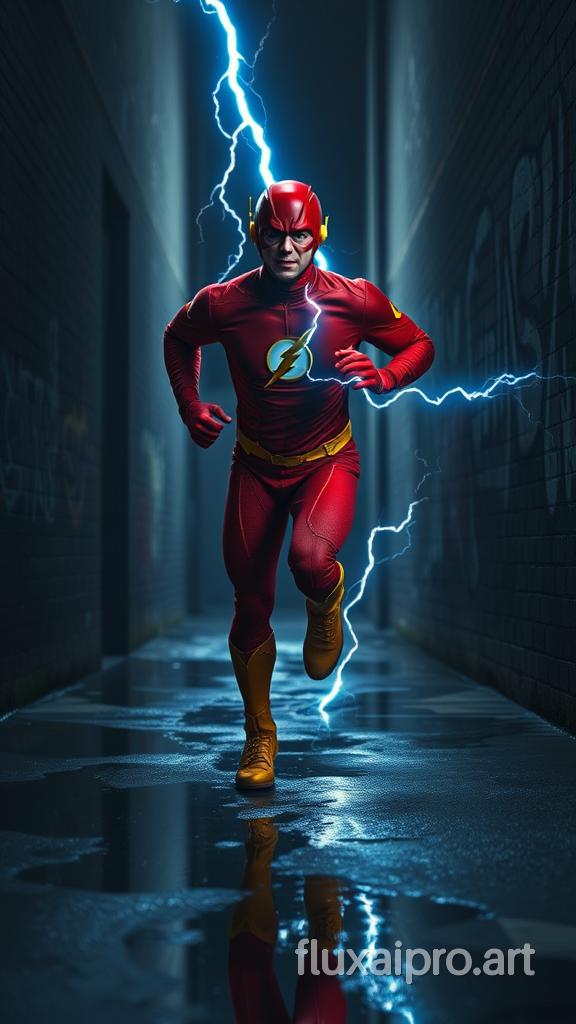 A cinematic medium shot of The Flash running in a dark alley. The background is a dark charcoal gray. The Flash's red costume and yellow lightning bolt on his chest are bright against the dark background. He is leaving a trail of blue lightning behind him. The ground is wet, with puddles reflecting the lightning. The walls of the alley are covered in graffiti.