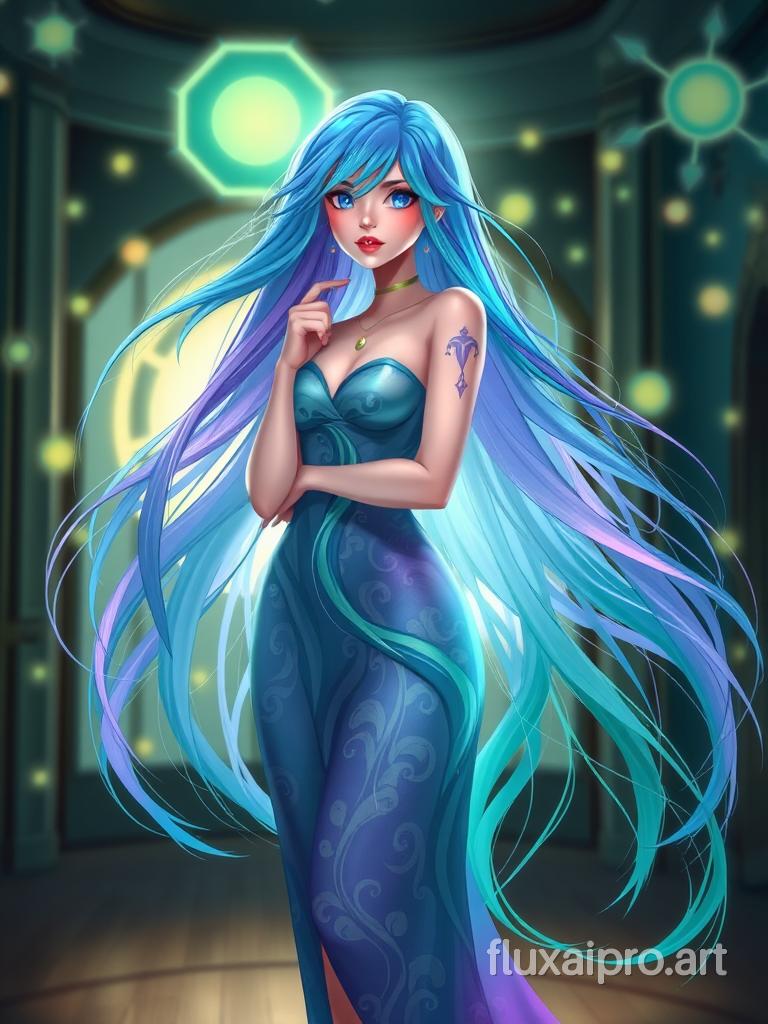 A digital artwork of a woman with long, flowing hair in various shades of blue, teal, purple, and green. She is wearing a dress with a similar color gradient and organic patterns. The woman is standing in a room with a background filled with glowing orbs and lines. The overall artwork has a soft, glowing quality.