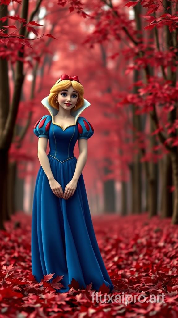 A photo of Snow White from the Disney movie. She is wearing a blue dress and has blond hair. She is standing in a forest of trees with red leaves. The ground is covered with red leaves. The background is blurry.