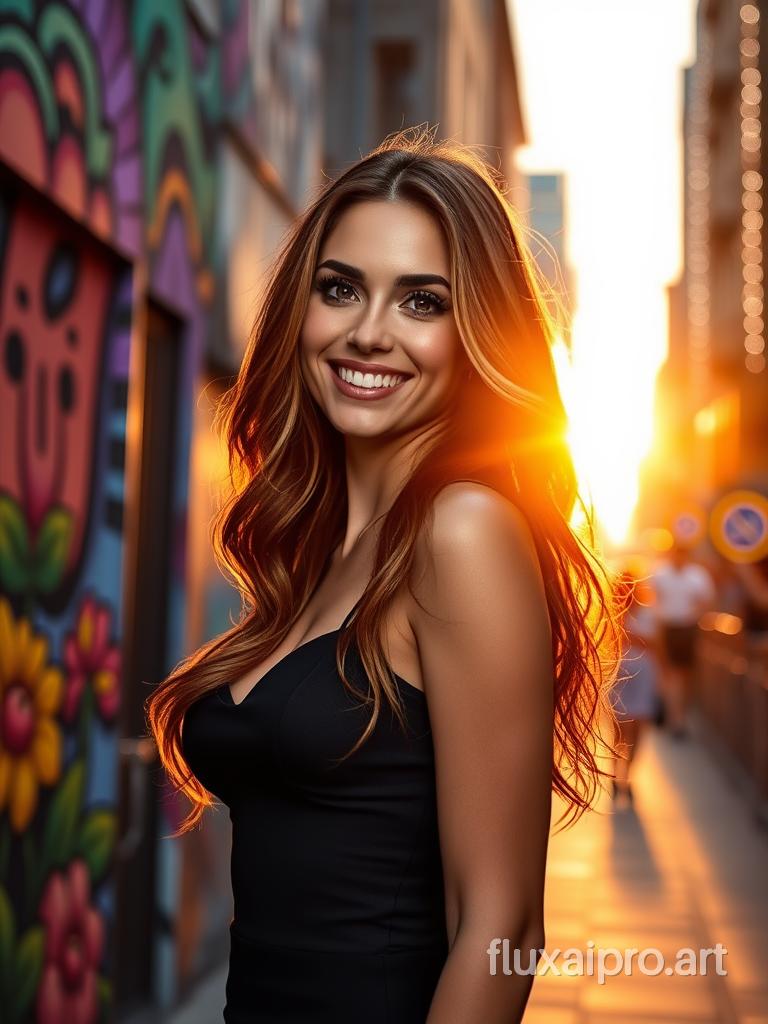 In a vibrant cityscape, a stunning woman stands confidently against the backdrop of a setting sun, her radiant smile illuminated by the warm, golden light. Her flowing hair cascades down her shoulders in soft waves, glinting with hints of auburn and chestnut, while her strikingly bright eyes, framed by long, fluttery lashes, sparkle with a playful curiosity. Dressed in a stylish, form-fitting outfit that hugs her curves perfectly, she exudes an undeniable charm and grace. The gentle breeze carries the faint scent of blooming flowers from a nearby garden, as the sounds of distant laughter and music fill the air, creating an enchanting atmosphere that complements her captivating presence. Richly colored street art adorns the walls behind her, adding a vibrant touch to the scene, while the twinkling lights of the city begin to flicker on, signaling the start of an exciting evening.