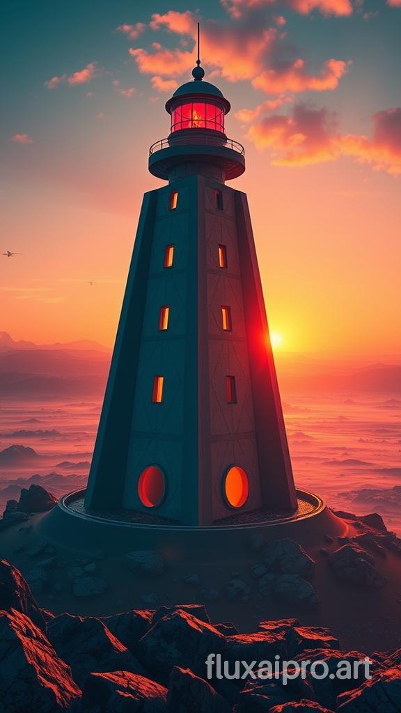 A mesmerizing futuristic scene of a colossal lighthouse rising majestically, bathed in the warm glow of a sunset... [be creative!] 
Created by SnowCookies®, wildlife photography, vibrant, cinematic, photo, architecture