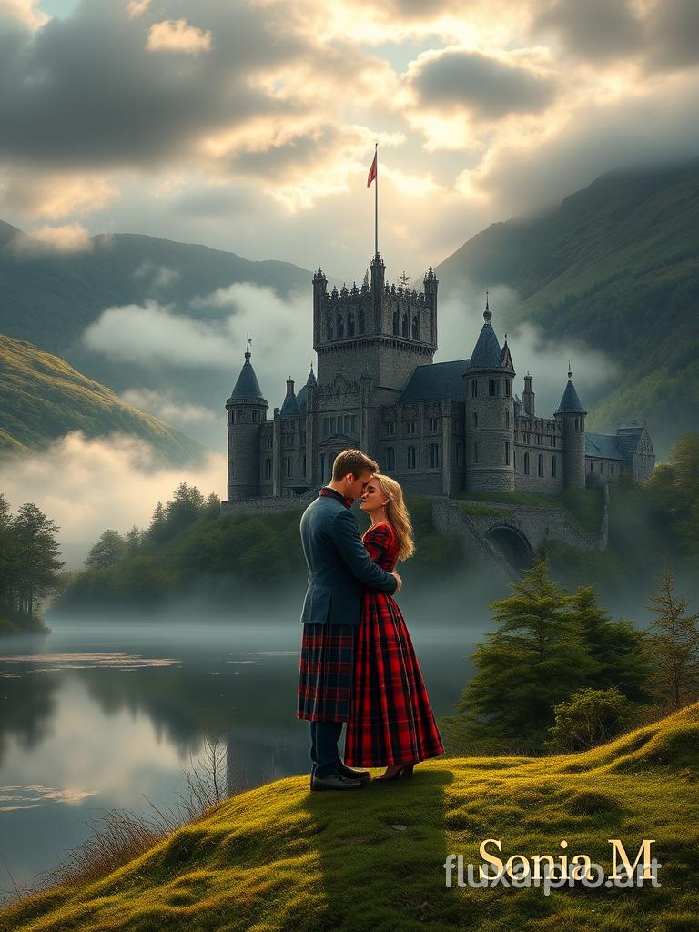 Majestic Scottish castle, surrounded by green hills, serene lake, lush forest, morning mist, couple embracing in front of the castle, traditional Scottish attire, vibrant tartan, medieval architectural details, cloudy sky with sun glimpses, reflections in the lake, warm and rich colors, soft and romantic lighting, realistic style with a touch of fantasy, meticulous detail, emotional atmosphere, evoking love and mystery, high resolution, digital art.The creator's signature, 'Sonia M', is placed at the bottom right corner, perfectly readable.