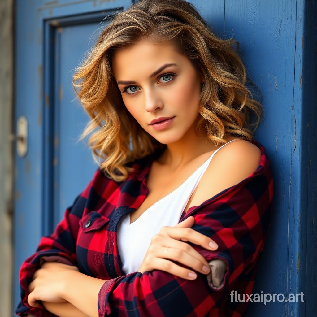 An image of a woman with fair skin and natural, wavy hair styled in soft curls around her face. She has defined eyebrows and light-colored eyes that draw attention. She dressed in a red and navy plaid shirt with the top unbuttoned to show a white undershirt, and the sleeves rolled up to the forearms. The woman is casually leaning against a weathered blue door frame with peeling paint, adding a rustic charm to the scene. Her arms are crossed or resting in front of her, and she has a soft, contemplative expression on her face.