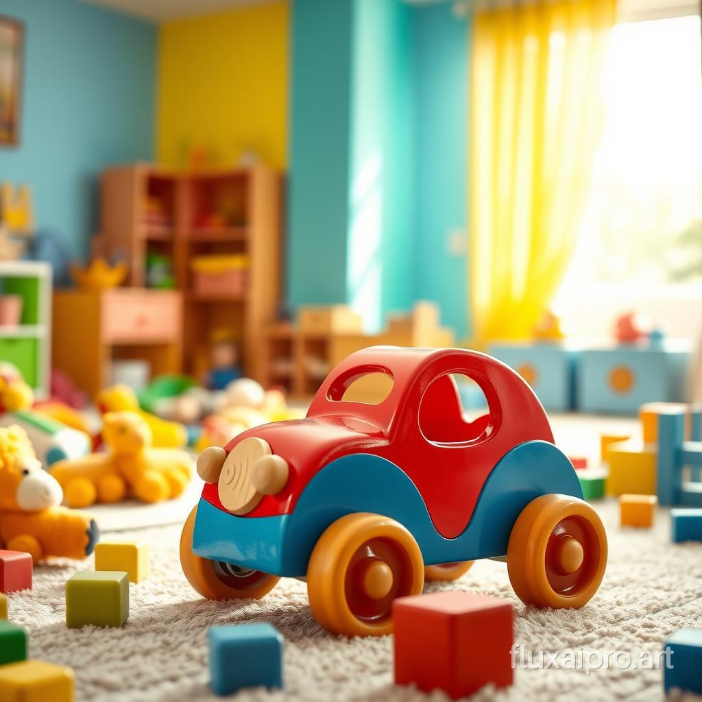 In a brightly lit playroom filled with colorful walls and soft, cushy carpets, a cheerful, vibrant toy stands out among the scattered assortment of plush animals and building blocks. This particular toy, a beautifully designed wooden car painted in cheerful reds and blues, features smooth, rounded edges that are safe for little hands. Its wheels are crafted with a shiny finish, allowing them to spin effortlessly, creating a delightful soft whirring sound as it glides across the floor. The car's windows are slightly tinted, suggesting a sense of adventure and imagination, enticing children to embark on endless journeys. Sunlight pours through the window, reflecting off its glossy surface and creating playful light patterns that dance across the room, while the sweet scent of fresh paint lingers in the air, perfectly complementing the joy that this charming toy brings.