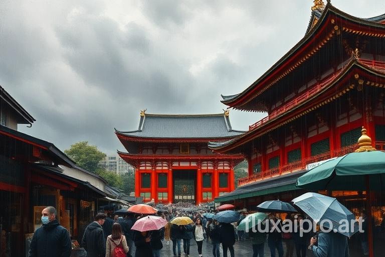 A painting in the style of Leonid Afremov of a dreary, gloomy, rainy day in Taito City, Tokyo. The foreground contains a lively market with umbrellas and people. The background contains the majestic Sensō-ji temple in vibrant Vermillion red, jet black, and regal gold, with minor details in white and forest green. The sky is overcast with dark clouds.