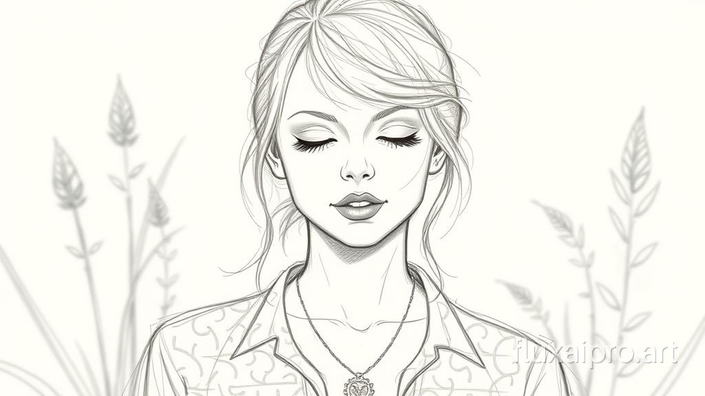 A messy pencil sketch of Taylor Swift with her eyes closed and hair tied up. She is wearing a patterned shirt and a necklace. The background is blurred and contains plants.