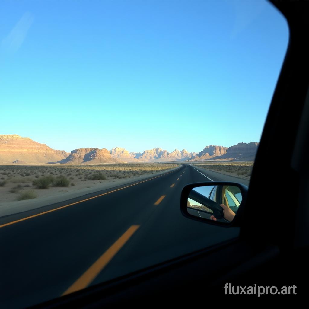 CNSTLL, Road trip, view through car window of desert highway
