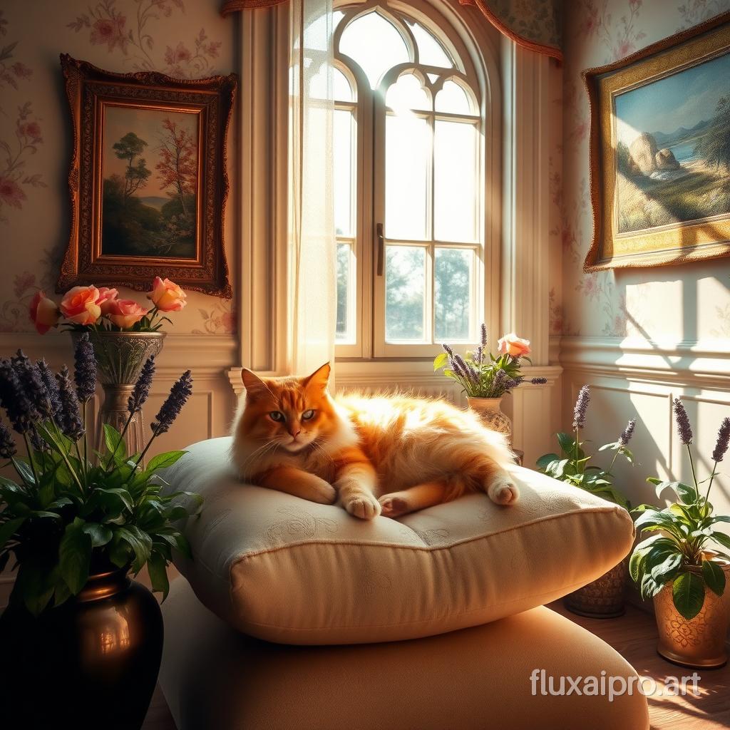 In a beautifully adorned room, bathed in warm, inviting light, a fluffy yellow cat lounges lazily on a plush, embroidered cushion. The walls are painted in soft pastels, adorned with delicate floral wallpaper that complements the elegant décor. A sunbeam streams in through a large, ornate window, casting a warm glow on the cat's silky fur, making it gleam like polished gold. Surrounding the cat are potted plants with vibrant green leaves and colorful blossoms, adding a touch of life to the serene atmosphere. The faint scent of lavender fills the air from a nearby vase, while the soft sounds of classical music play gently in the background, creating a peaceful sanctuary for the contented feline. A tapestry hangs on the wall, depicting a tranquil landscape that blends seamlessly with the overall beauty of the room.