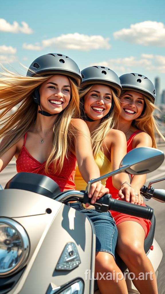 A photo of three women with long, straight blonde hair riding a sleek, modern scooter together. They are wearing stylish helmets and casual, vibrant summer outfits. Their hair is flowing back in the wind, and they are smiling broadly, showing their teeth. The background features a clear, sunny day with a few fluffy clouds and a cityscape in the distance. The expressions on their faces reflect a sense of joy and camaraderie. The image captures the motion of the scooter and the wind, with detailed attention to the texture of their hair and clothing.