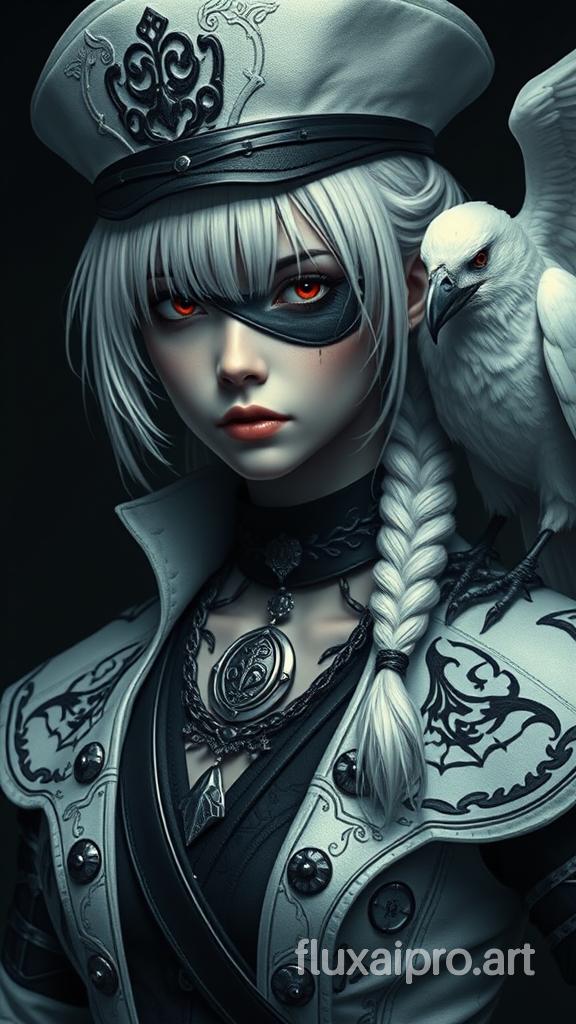 A cinematic portrait of a striking female character with a dark and brutal aesthetic. Her pale white hair is braided elegantly, and her piercing red eyes gaze intently. A dark patch covers one eye, and she wears a white hat adorned with a unique black emblem. The character's attire consists of a white coat with intricate black patterns, a black choker with a silver pendant, and she stands tall with a metal armor. A white raven perches on her shoulder, adding to the haunting atmosphere. The dark background accentuates her presence, creating a sense of mystery and intrigue.