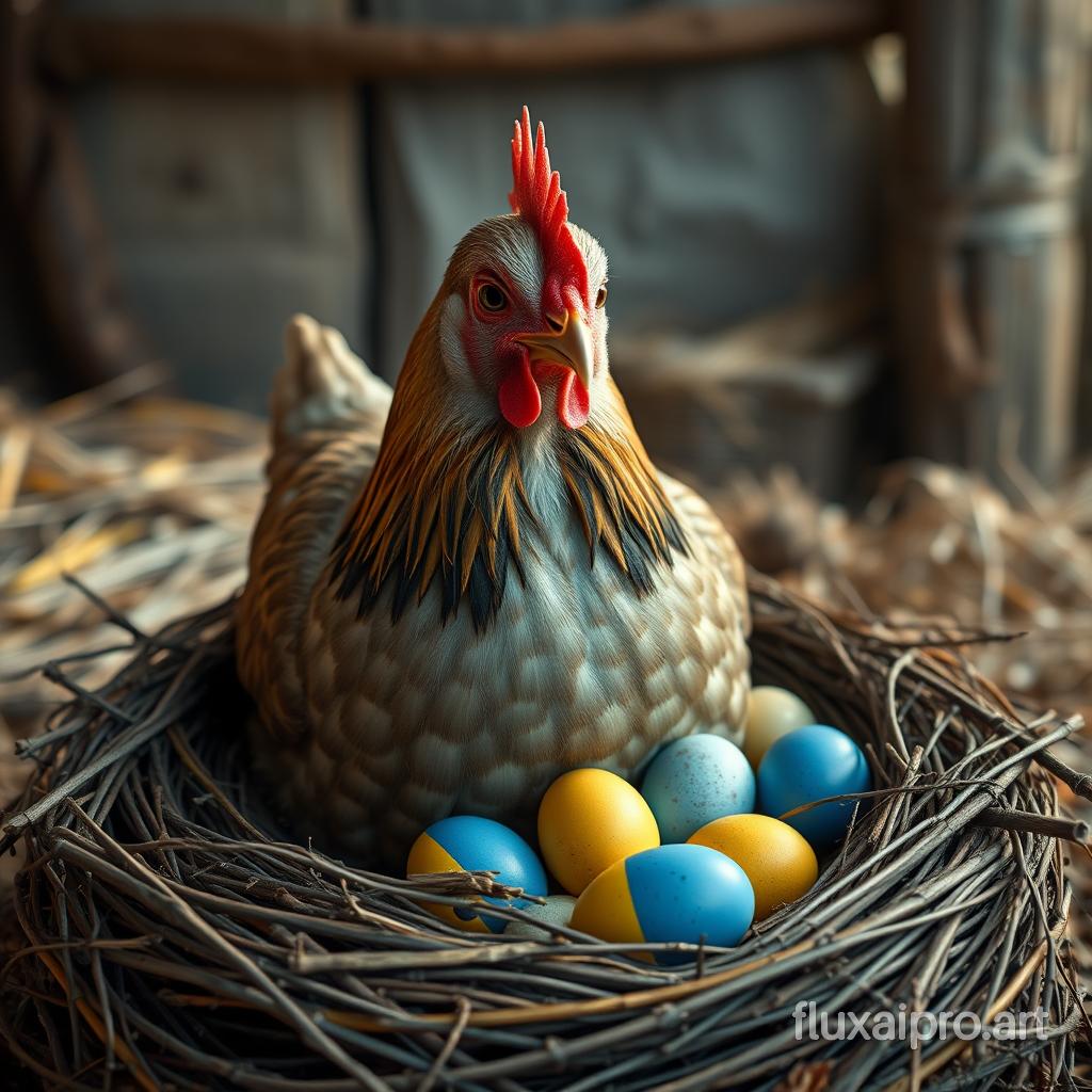 Create a photorealistic picture of Vladimir Putin depicted as a chicken, sitting in a nest. The chicken has a serious and focused expression, and its feathers have a mix of earthy tones, such as brown and gray. The nest contains several eggs, some of which are blue and others yellow, symbolizing the Ukrainian flag. The surrounding scene should be detailed with straw, twigs, and a rustic farm setting in the background, with soft, natural lighting filtering through. The overall mood is surreal yet solemn.