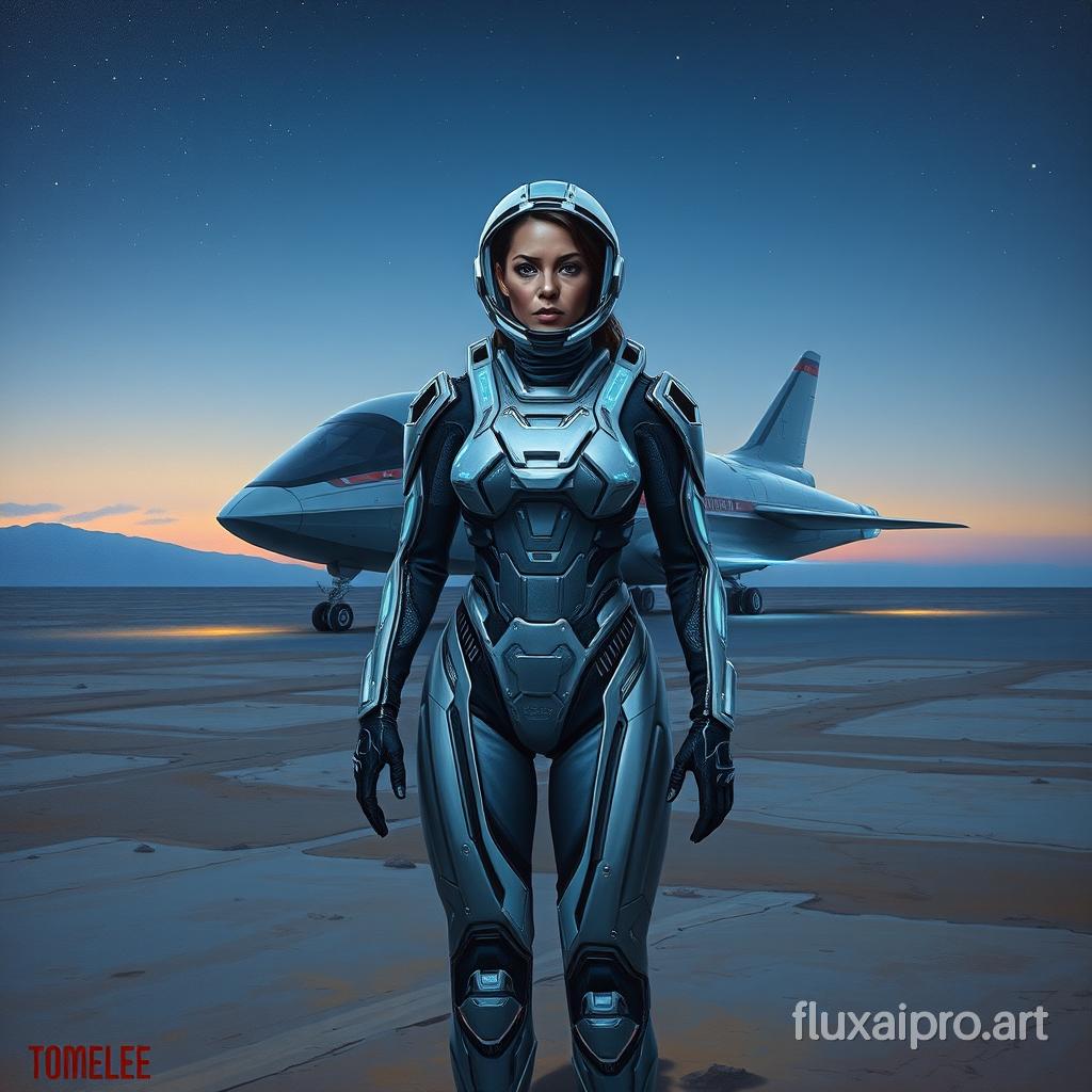 In this extraordinary hyper-realistic oil painting by Tomelee, a woman dressed in an advanced exo-suit confidently stands in front of a landed spaceship on an alien landscape at twilight. The background features a vast, barren terrain stretching out under a deepening, star-speckled sky. The spaceship, with its sleek and futuristic design, is illuminated by its exterior lights, casting a cool blue glow on the surrounding area.

The lone woman in the exo-suit, with her determined expression and posture, draws the viewer's attention. The suit's intricate details and metallic sheen are highlighted by the dim, ethereal light from the spaceship, creating a striking contrast against the muted tones of the alien landscape. Her visor reflects the subtle surroundings, while the glowing panels and technology of the suit cast a cool