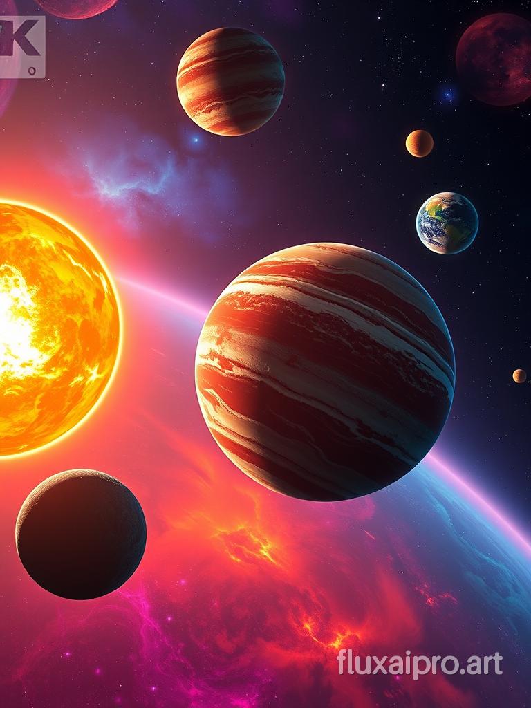 A solar system with vibrant-colored planets and exotic atmospheres, depicted in a science fiction style. HD, 8k, vivid colors, HDR effect, color palette, illustration, photo, 3D render, vibrant, portrait photography.