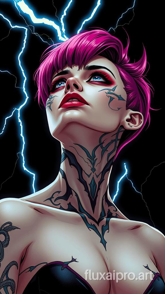 A futuristic sci-fi illustration of a woman with a sleek appearance and intricate tattoos on her face, who was struck by lightning,looking up. She has a unique fuchsia hair color that contrasts sharply with her body. The woman's neck and upper chest area are visible. The background is dark, emphasizing the woman's features.