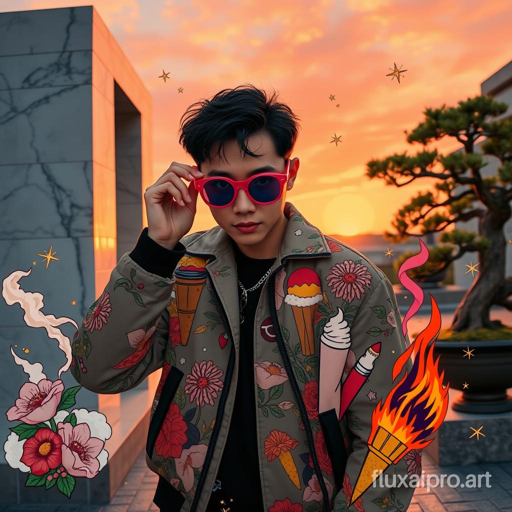 In the style of TOK, a photo editorial avant-garde dramatic action pose of a person wearing 90s round wacky sunglasses pulling glasses down looking forward, in Tokyo with large marble structures and bonsai trees at sunset with a vibrant illustrated jacket surrounded by illustrations of flowers, smoke, flames, ice cream, sparkles, rock and roll