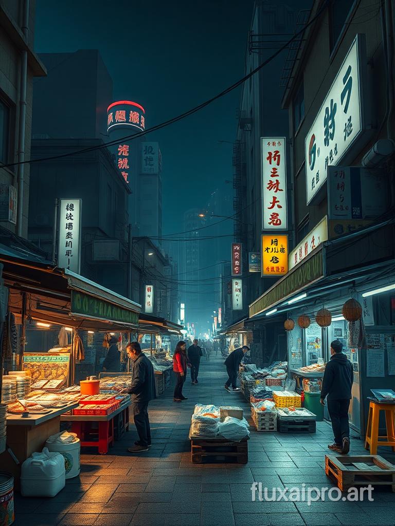 in the style of CNSTLL, an urban landscape with street sellers and a fish market at night, photorealistic