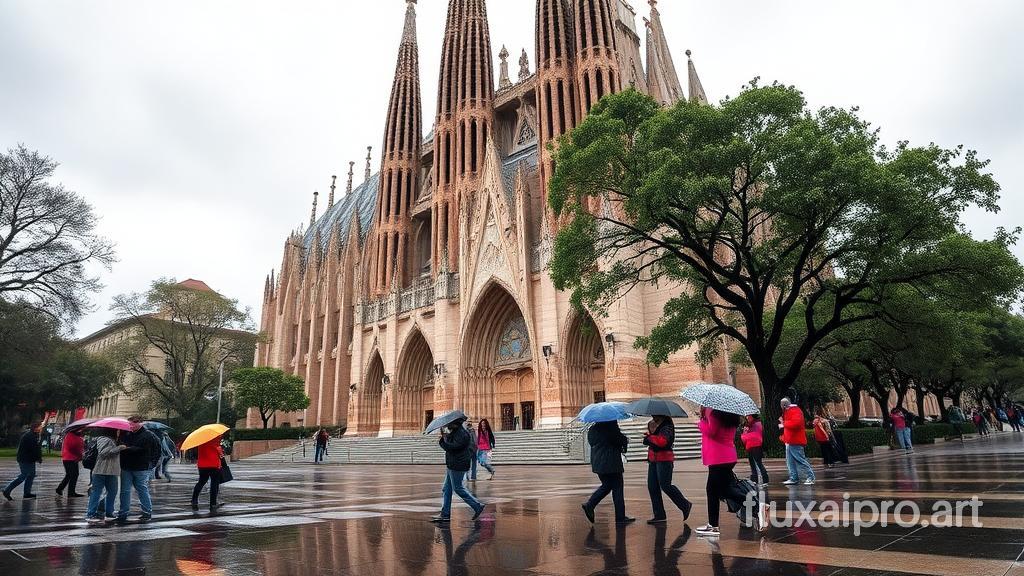 In a rain-soaked day in Barcelona, the iconic Sagrada Familia stands majestically, its intricate facades glistening under the soft, diffused light of the overcast sky. The towering spires, adorned with colorful mosaics, seem to pierce the heavy clouds above, while glistening raindrops trickle down the stone surfaces, enhancing the rich textures of Gaudí's masterpiece. Puddles form at the feet of the majestic structure, reflecting the grand architecture like a mosaic of shimmering colors. The air is filled with the refreshing scent of wet earth and blooming flowers, while the gentle sound of raindrops pattering on umbrellas and the distant hum of city life create a soothing ambiance. Visitors, wrapped in vibrant raincoats, huddle beneath towering trees nearby, capturing the serene beauty of this architectural wonder amidst the tranquil chaos of the rainy day.